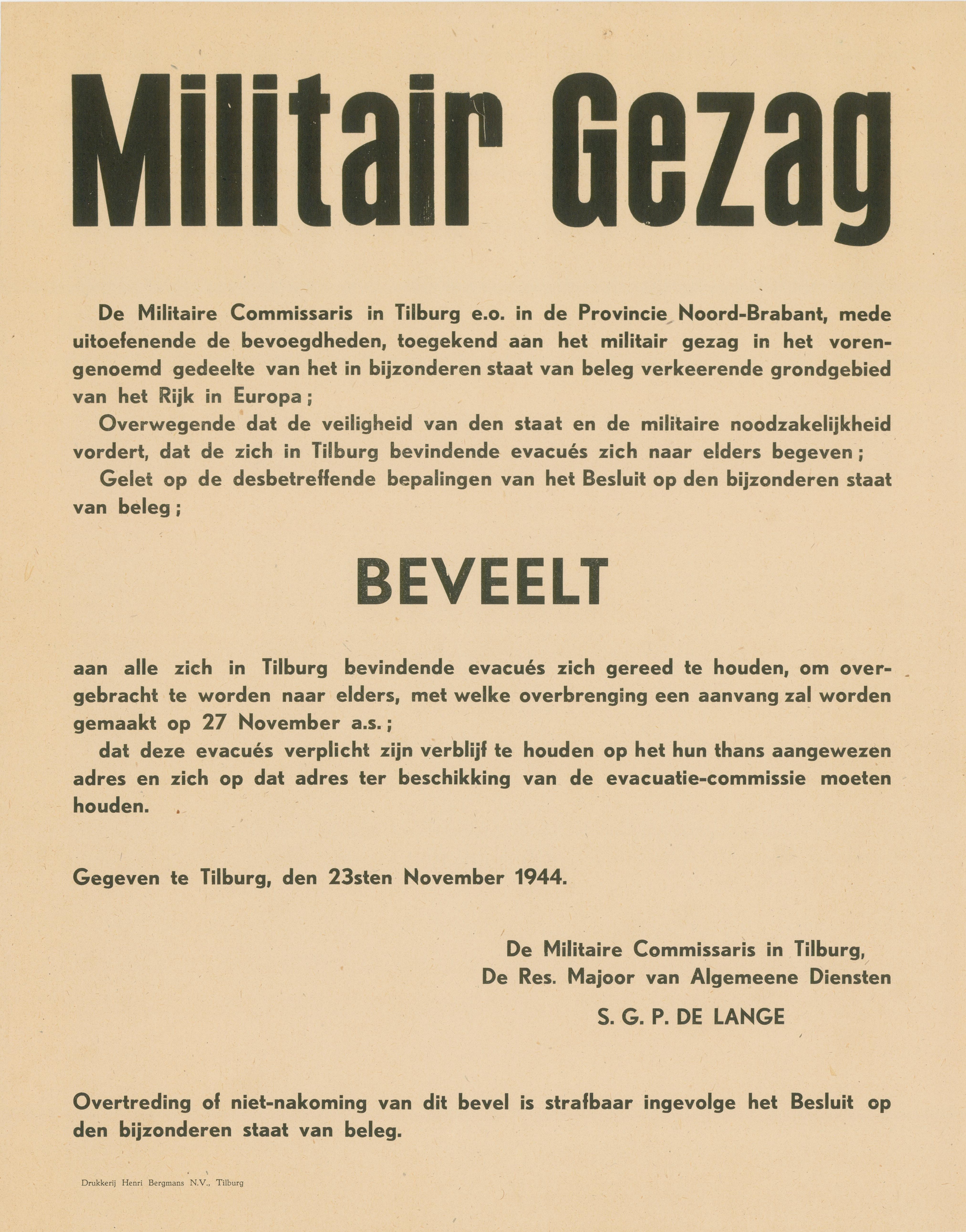 Affiche Militair Gezag, 1726_48_0001 Collectie Regionaal Archief Tilburg