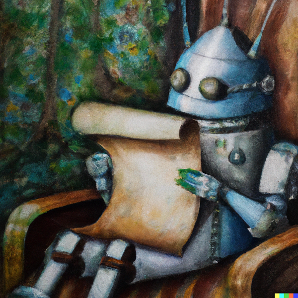 Robot leest oude tekst - illustratie gemaakt door AI