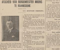 Krantenbericht over het afscheid van burgemeester Moons te Raamsdonk