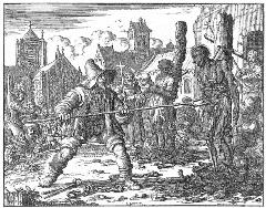 Gravure van Jan Luyken. Executie van de martelaren David van der Leyen en Levina Ghyseling in 1554
