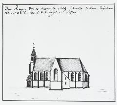 Tekening Tekening van Hendrik Verhees van de afgebroken R.K. Maria Magdalenakerk te Rijen 